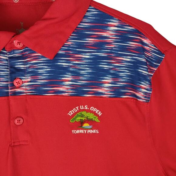 US Open 121st Torrey Pines Mens L Performance Golf Polo Shirt Red Blue Space Dye - Picture 2 of 5